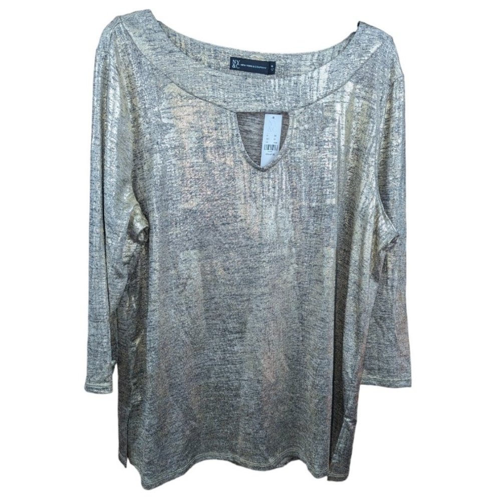 Women's New York & Company Long Sleeve Stretch Casual Blouse Open Chest Keyhole